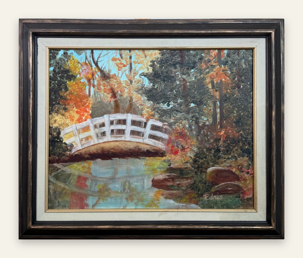 Oil Painting of White Garden Bridge in Autumn, Monet Inspired, Signed, Framed