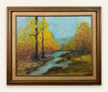 Autumn River Landscape Oil Painting, Golden Trees, Signed, Gold Frame, 25 x 21 in