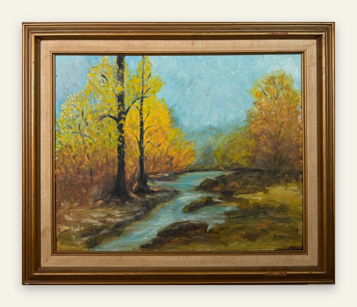 Autumn River Landscape Oil Painting, Golden Trees, Signed, Gold Frame, 25 x 21 in