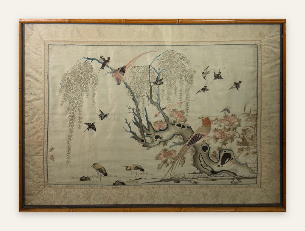 Lot 675: Antique Chinese Silk Embroidery, Golden Pheasant with Peonies and Swallows, Framed, 29 x 21 in