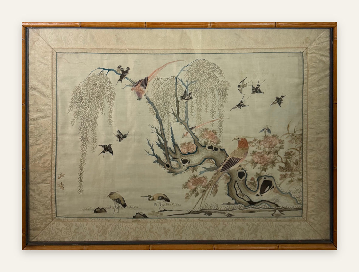 Lot 675: Antique Chinese Silk Embroidery, Golden Pheasant with Peonies and Swallows, Framed, 29 x 21 in