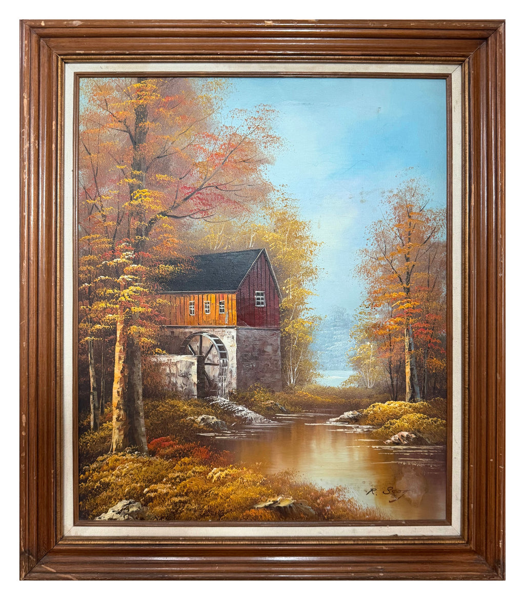 Lot 633 autumn water mill oil painting, red mill and waterwheel, framed