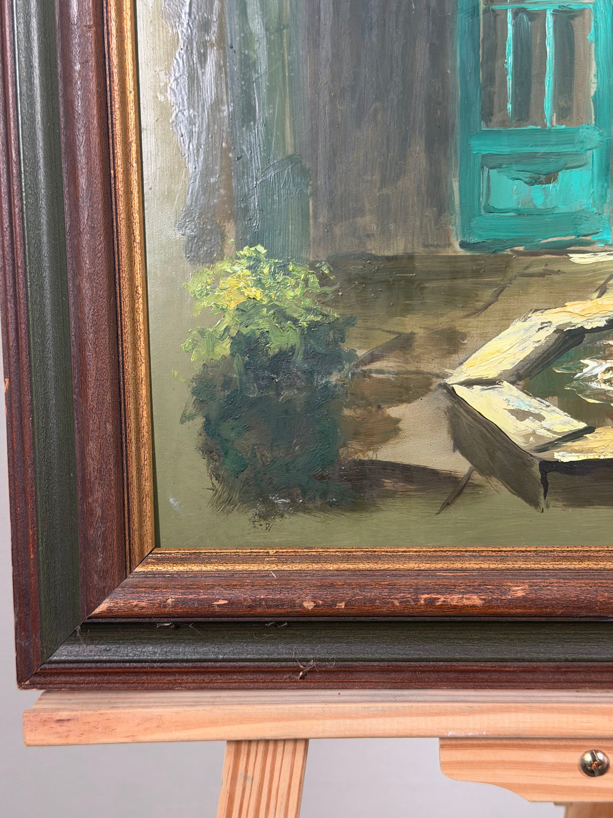 Lot 1001: Signed D'Mude Oil Painting, Courtyard Fountain with Teal Shutters, Wood Frame, 21 x 28 in