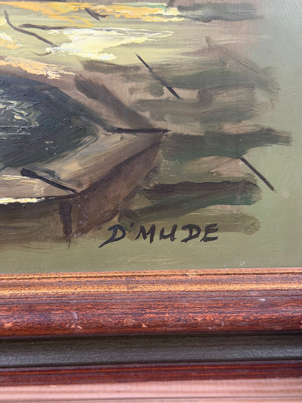 Lot 1001: Signed D'Mude Oil Painting, Courtyard Fountain with Teal Shutters, Wood Frame, 21 x 28 in