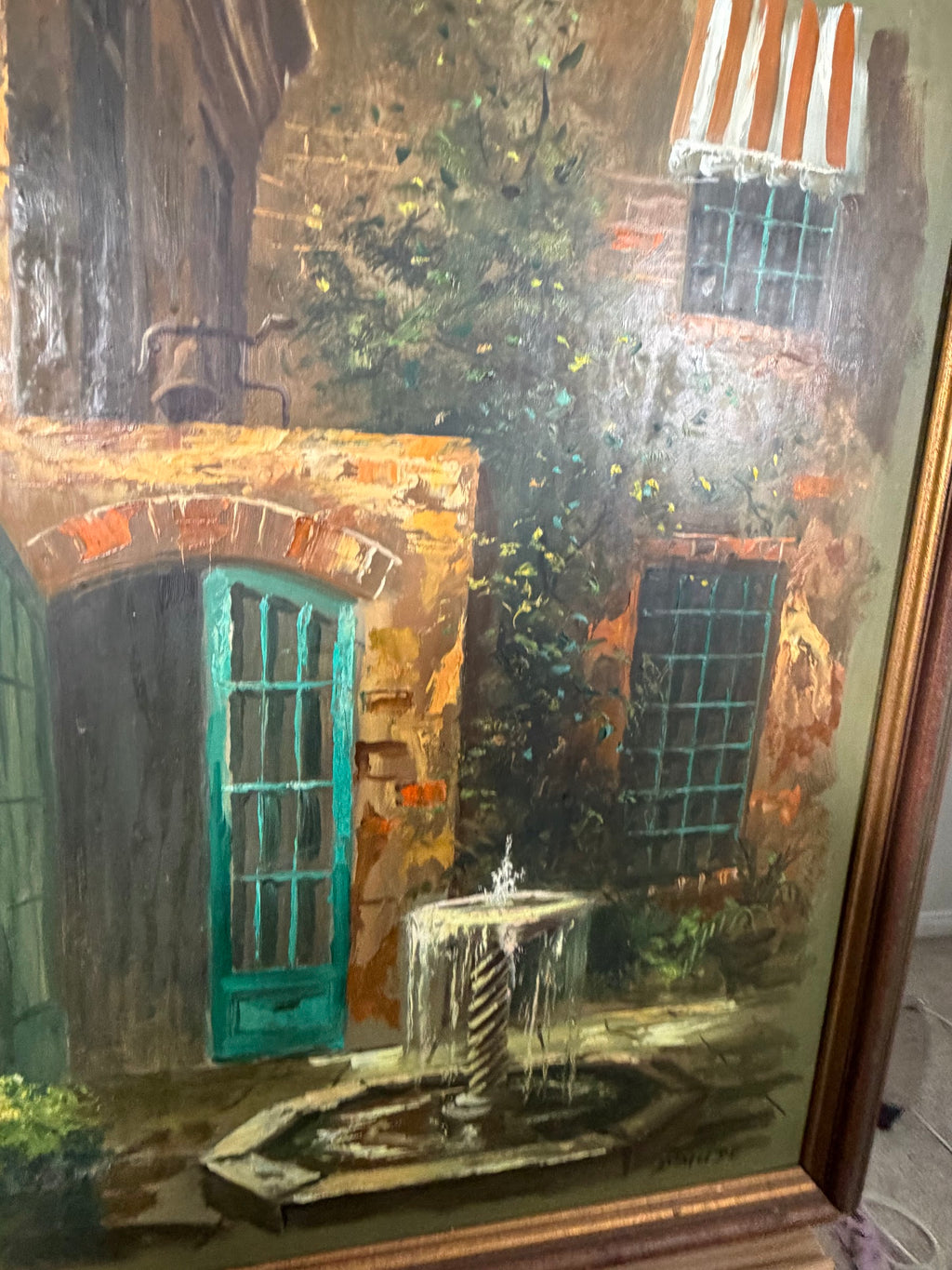 Lot 1001: Signed D'Mude Oil Painting, Courtyard Fountain with Teal Shutters, Wood Frame, 21 x 28 in