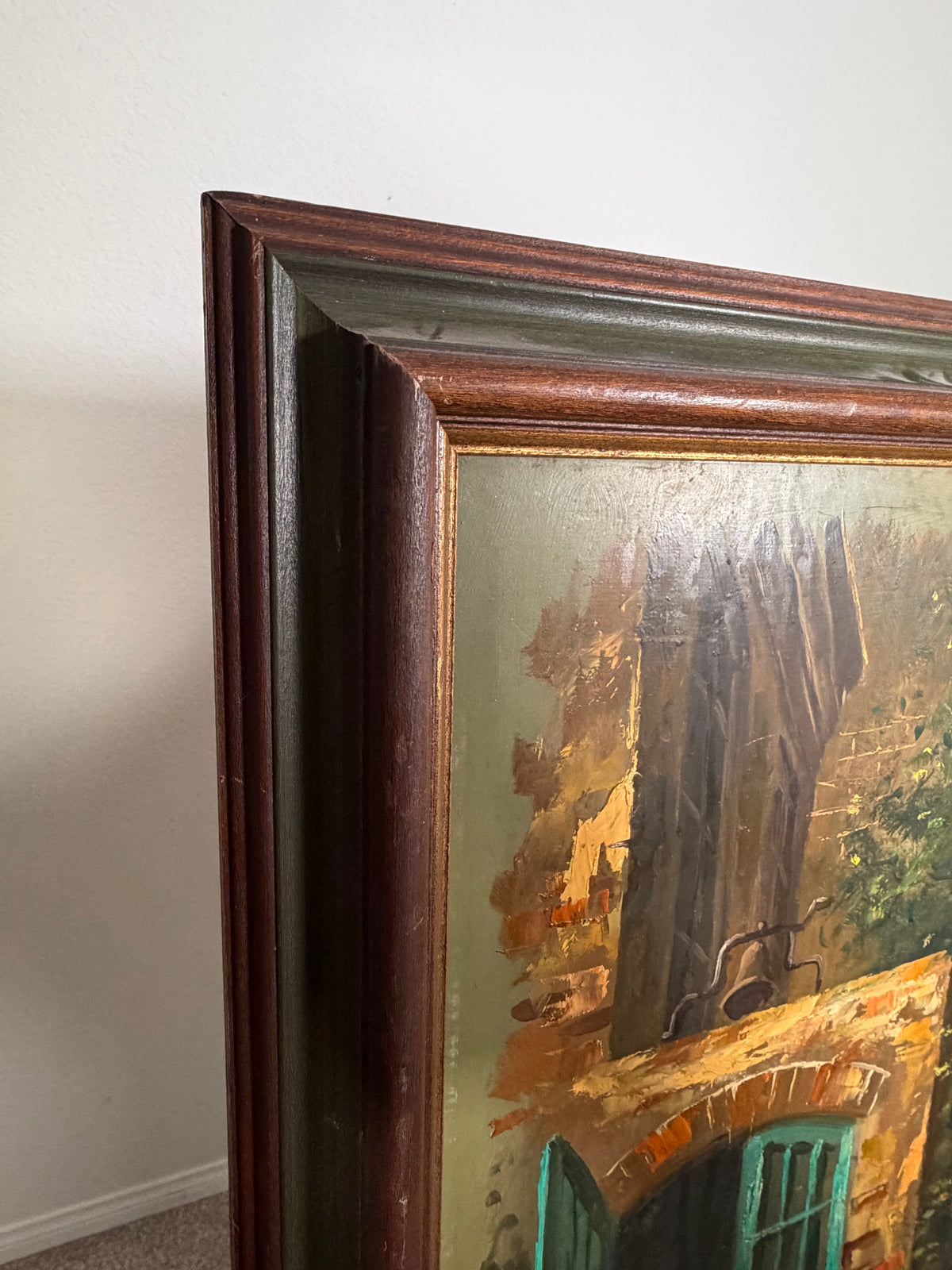 Lot 1001: Signed D'Mude Oil Painting, Courtyard Fountain with Teal Shutters, Wood Frame, 21 x 28 in