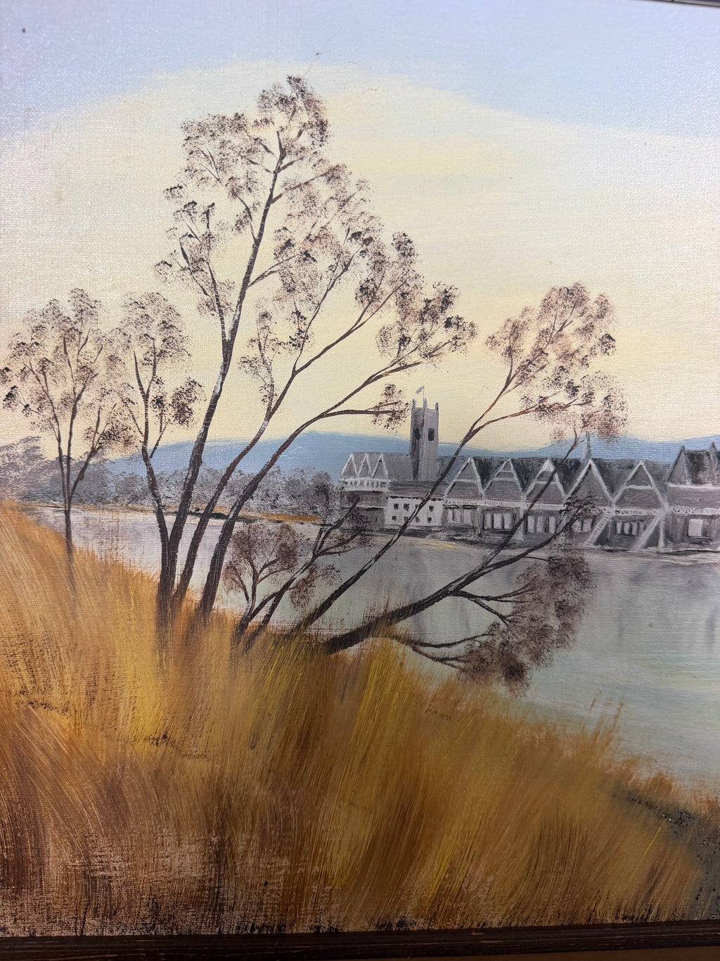 Lot 1002: Original Oil Painting, Riverside Boathouses in Winter Light, Signed, Framed, 25 x 21 in