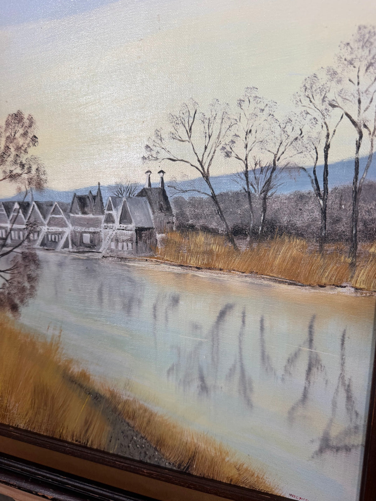 Lot 1002: Original Oil Painting, Riverside Boathouses in Winter Light, Signed, Framed, 25 x 21 in