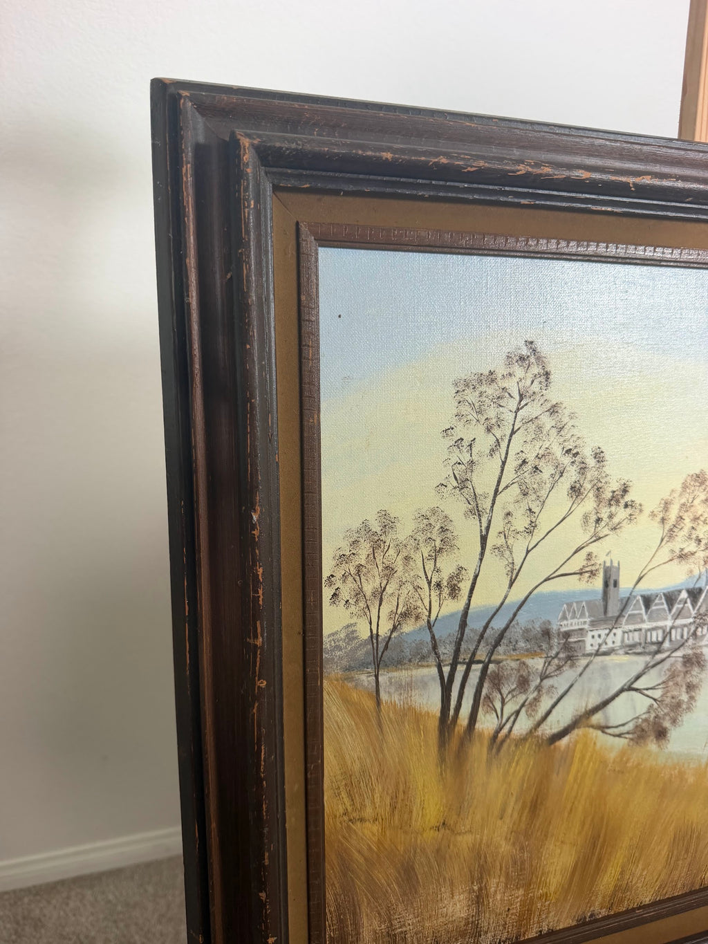 Lot 1002: Original Oil Painting, Riverside Boathouses in Winter Light, Signed, Framed, 25 x 21 in