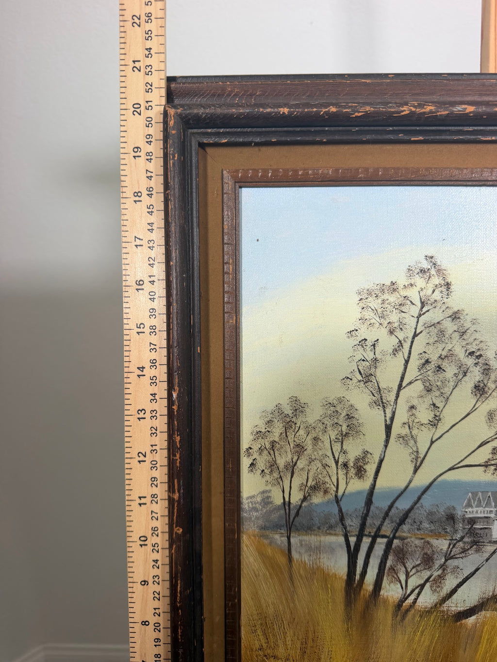 Lot 1002: Original Oil Painting, Riverside Boathouses in Winter Light, Signed, Framed, 25 x 21 in