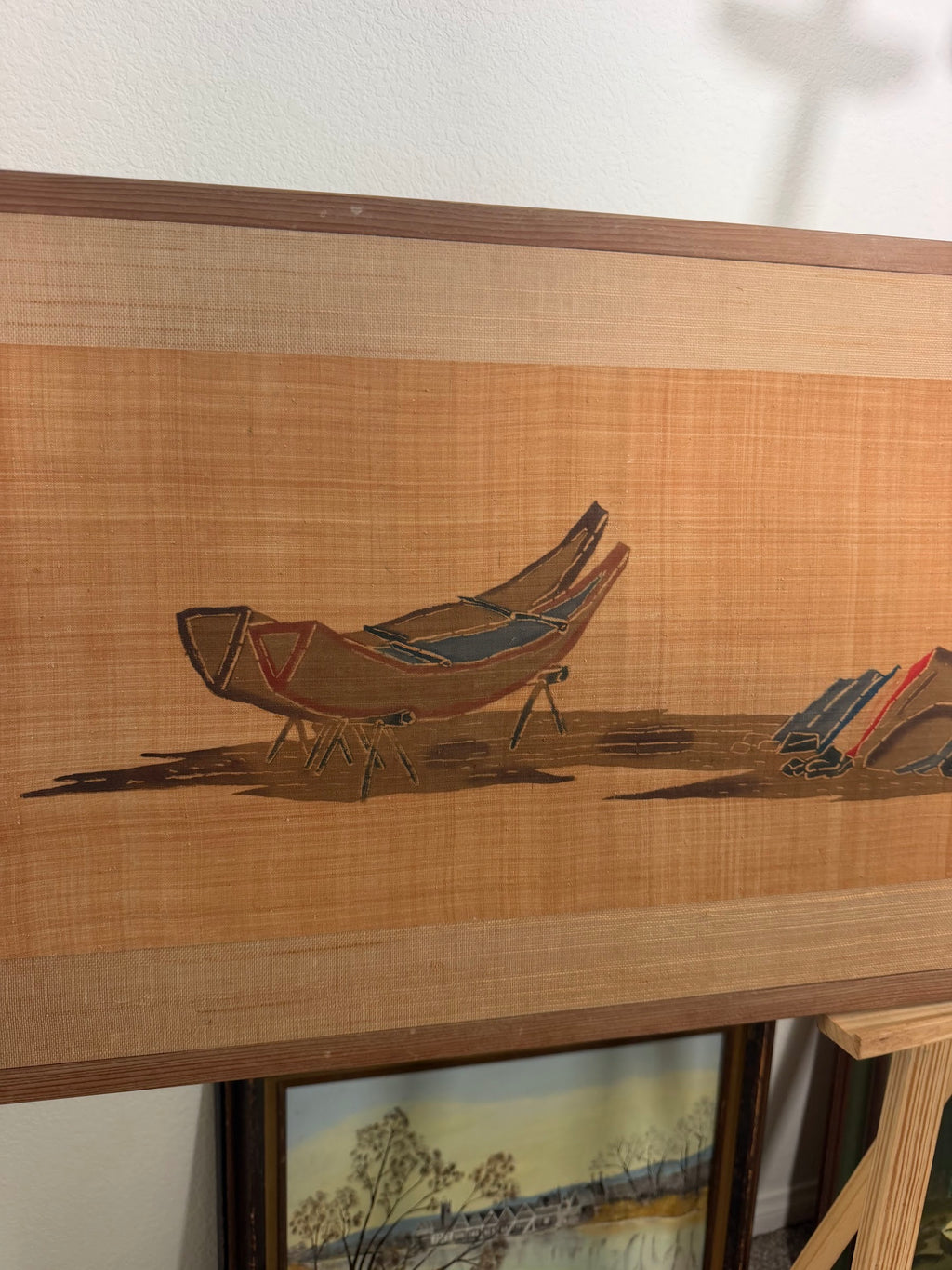 Lot 1003: Mid Century Asian Grasscloth Wall Panel, Junks and Mountains, Wood Frame, 70 x 17 in