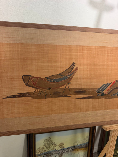 Lot 1003: Mid Century Asian Grasscloth Wall Panel, Junks and Mountains, Wood Frame, 70 x 17 in