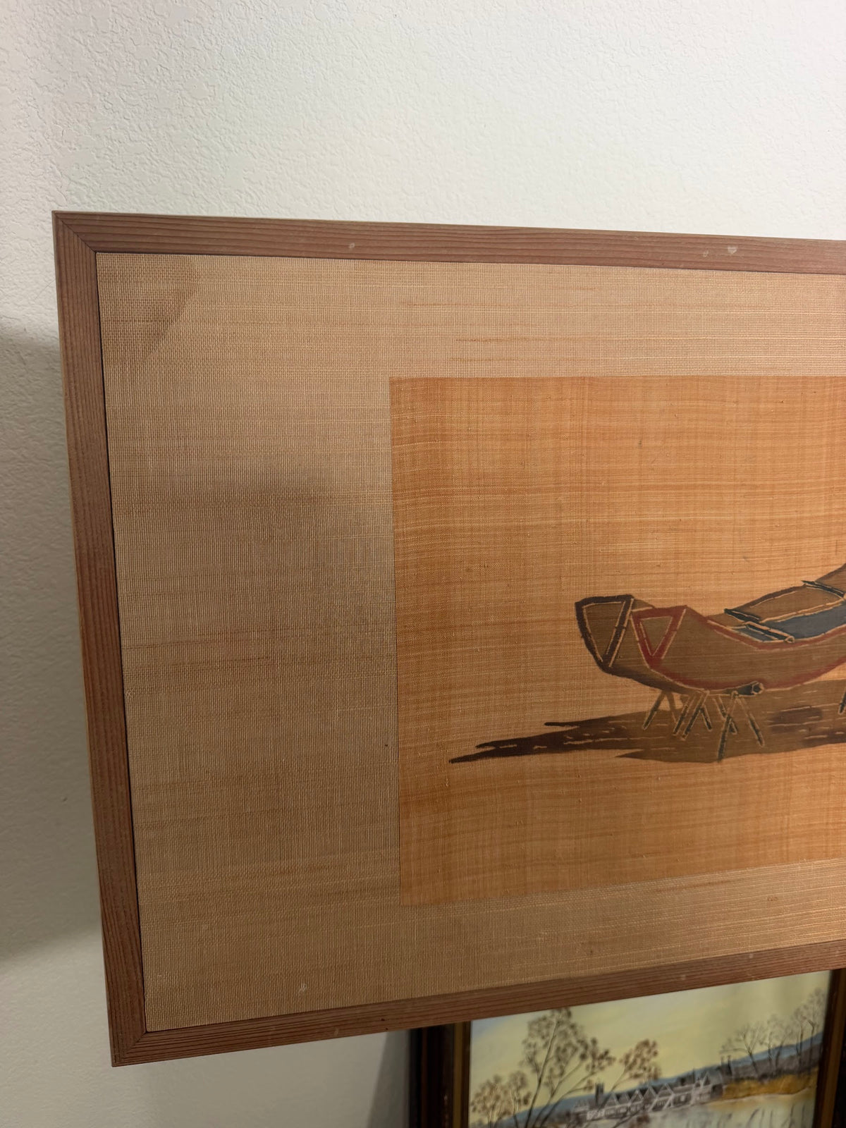 Lot 1003: Mid Century Asian Grasscloth Wall Panel, Junks and Mountains, Wood Frame, 70 x 17 in