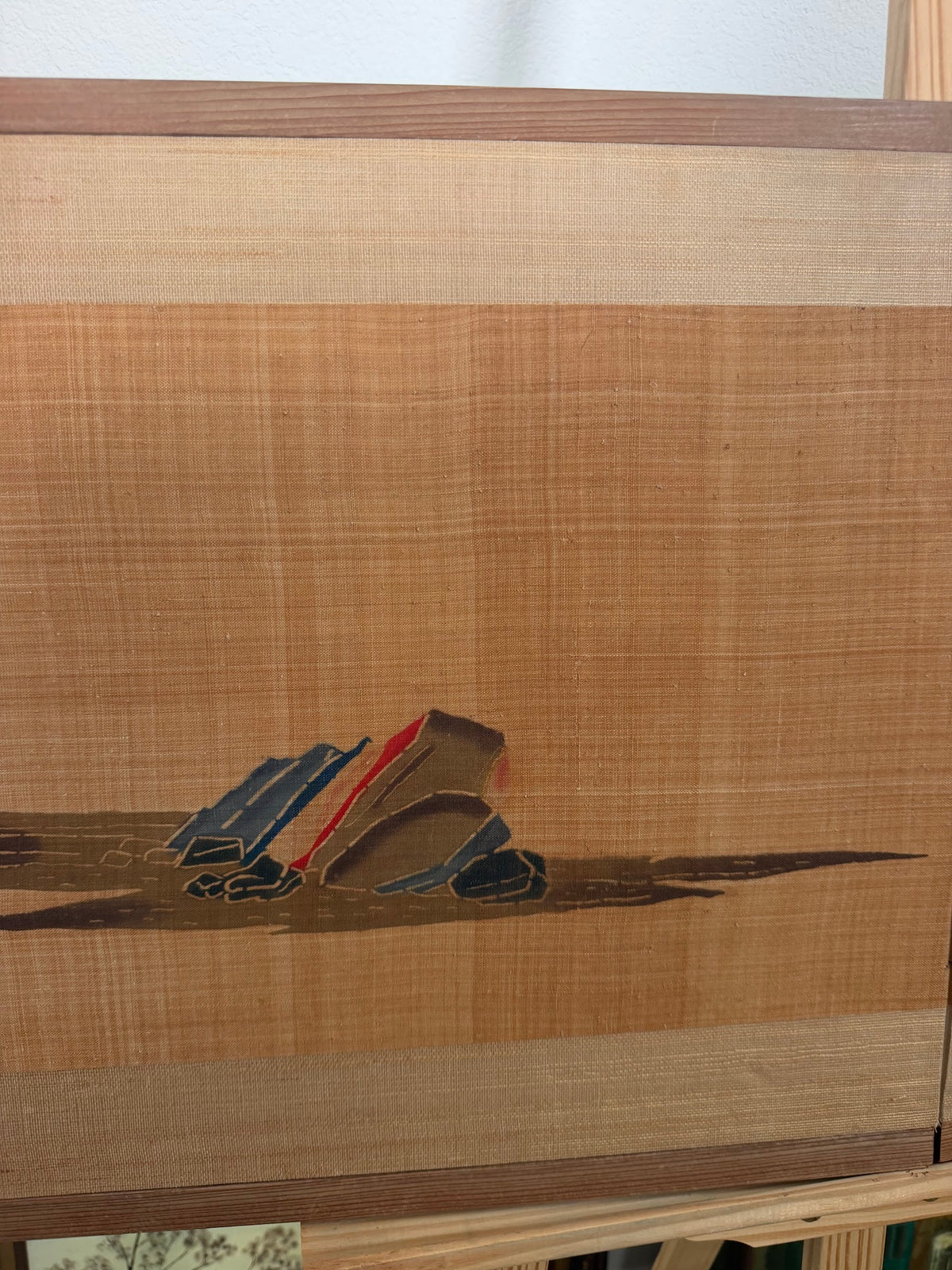 Lot 1003: Mid Century Asian Grasscloth Wall Panel, Junks and Mountains, Wood Frame, 70 x 17 in