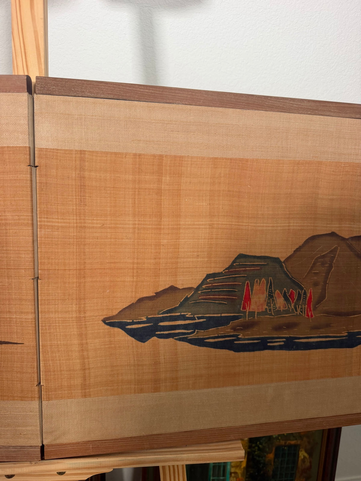 Lot 1003: Mid Century Asian Grasscloth Wall Panel, Junks and Mountains, Wood Frame, 70 x 17 in