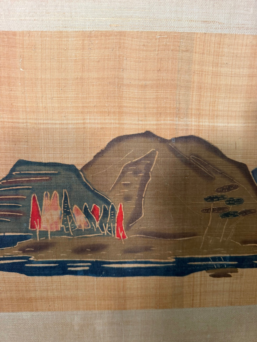 Lot 1003: Mid Century Asian Grasscloth Wall Panel, Junks and Mountains, Wood Frame, 70 x 17 in