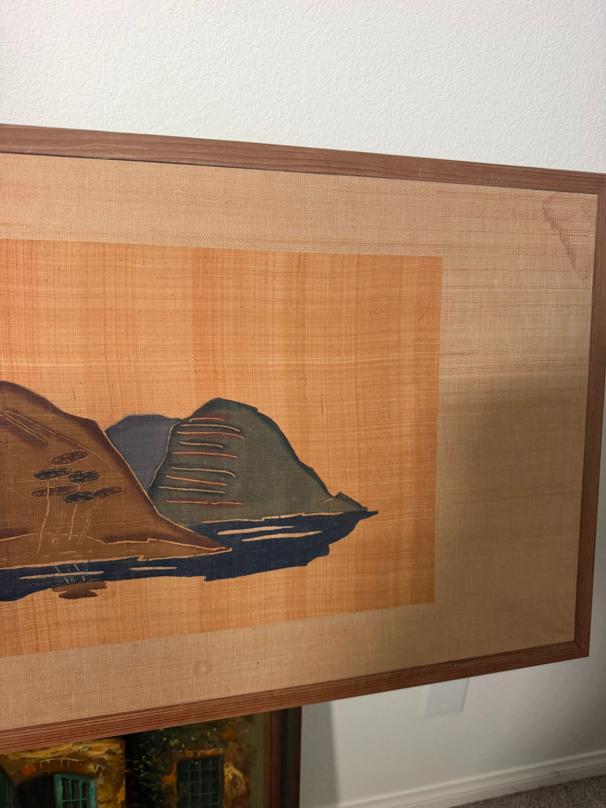 Lot 1003: Mid Century Asian Grasscloth Wall Panel, Junks and Mountains, Wood Frame, 70 x 17 in