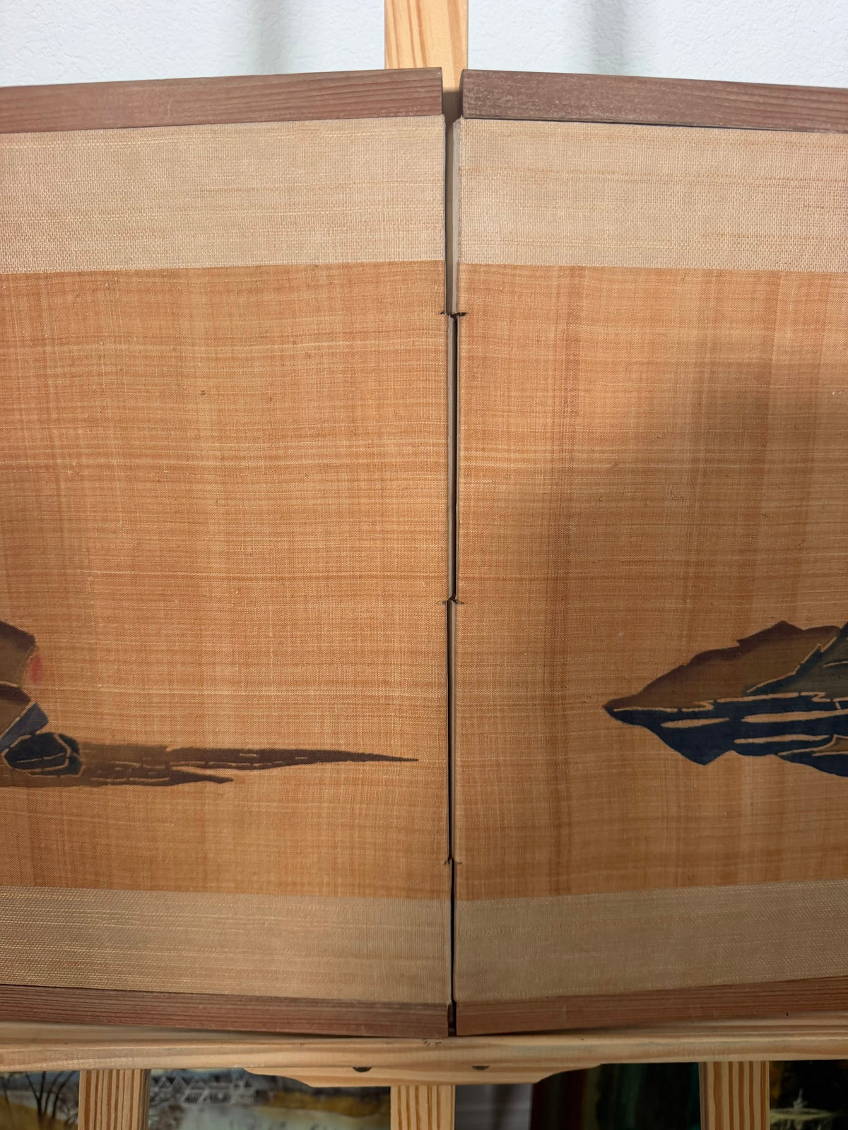 Lot 1003: Mid Century Asian Grasscloth Wall Panel, Junks and Mountains, Wood Frame, 70 x 17 in