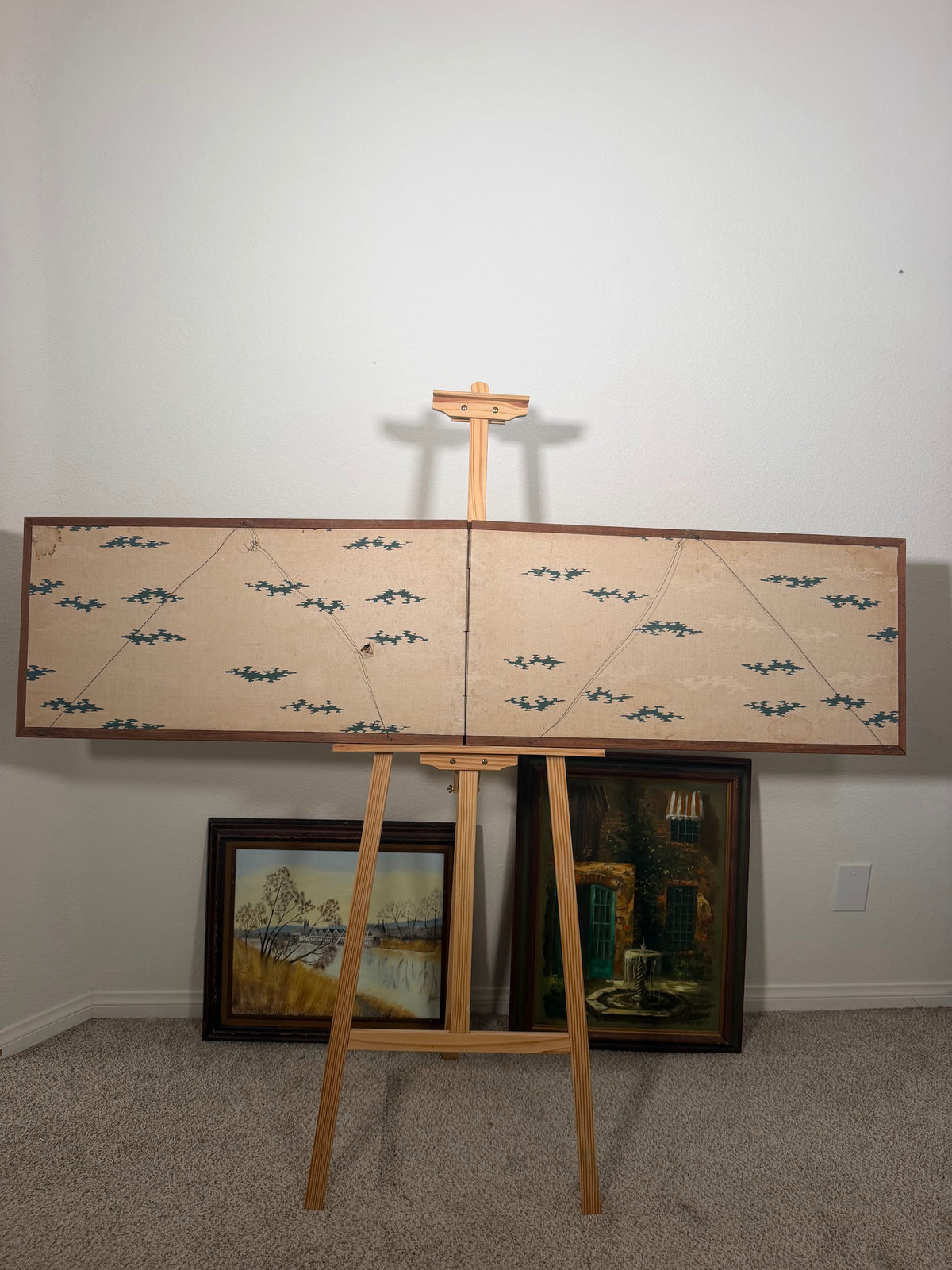 Lot 1003: Mid Century Asian Grasscloth Wall Panel, Junks and Mountains, Wood Frame, 70 x 17 in