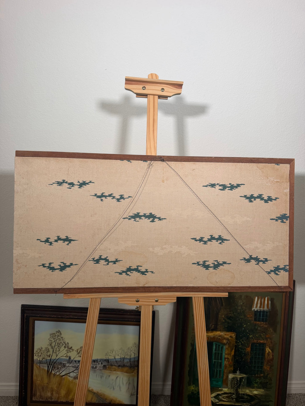 Lot 1003: Mid Century Asian Grasscloth Wall Panel, Junks and Mountains, Wood Frame, 70 x 17 in