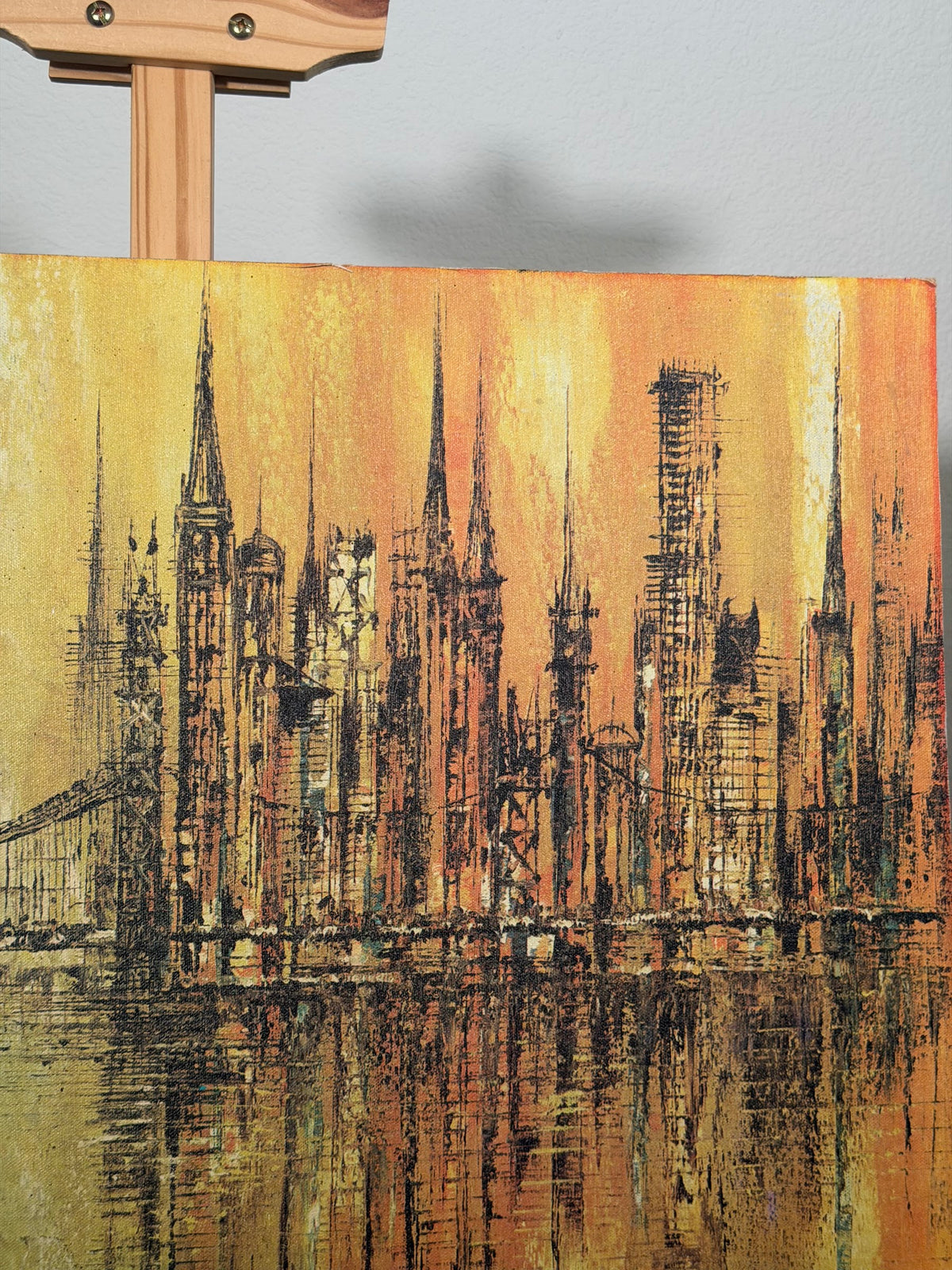 Lot 603: Mid Century Modern Golden Cityscape Painting, Skyline and Bridge at Sunset, 28 x 22 in