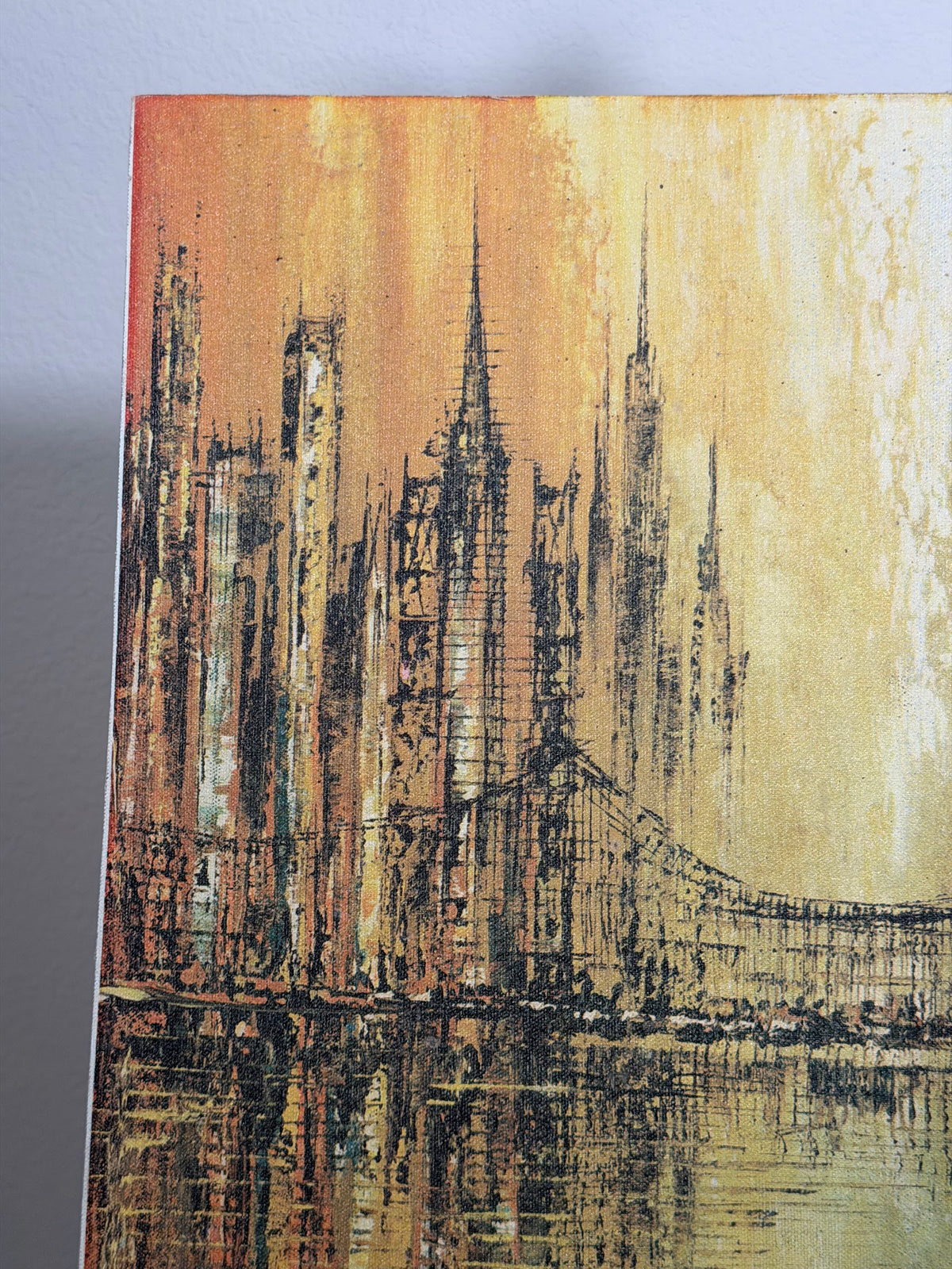 Lot 603: Mid Century Modern Golden Cityscape Painting, Skyline and Bridge at Sunset, 28 x 22 in