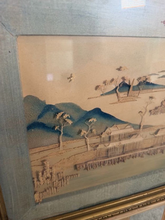 Lot 665: Chinese Cork Art Diorama, Hangzhou Pagoda Landscape, Gilt Frame, 27 x 19 in