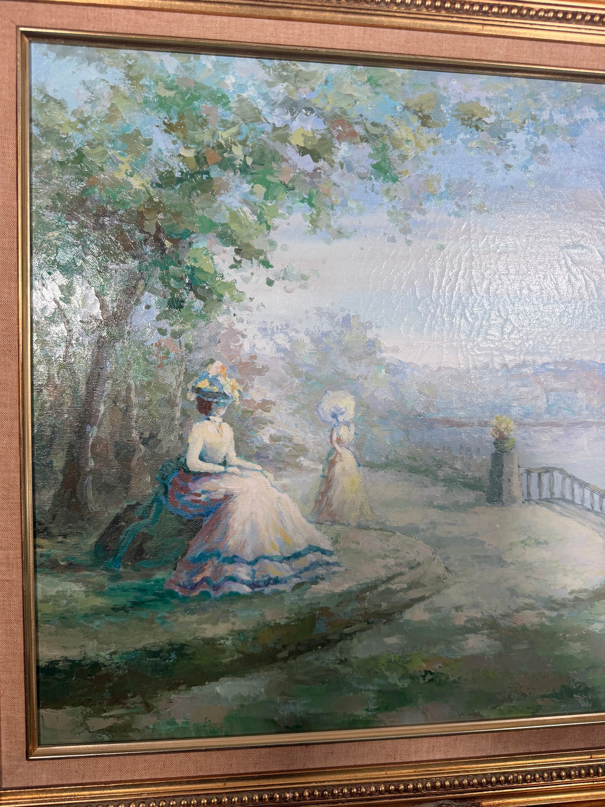 Lot 613: Polseno Oil on Canvas, Victorian Ladies by the Water, Ornate Gold Gilt Frame, 33 x 28 in
