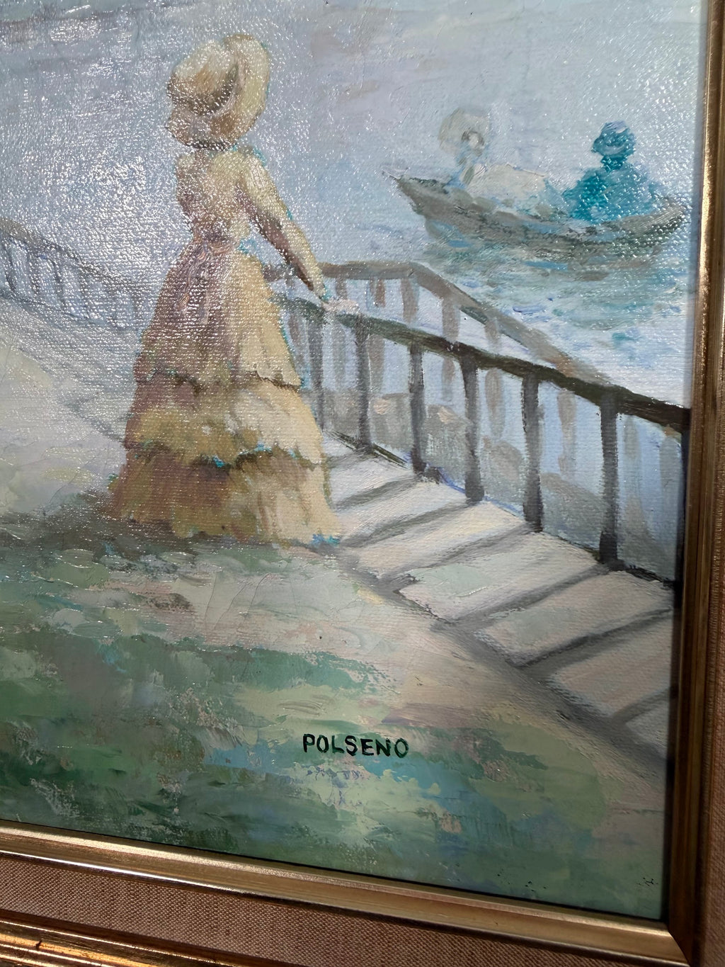 Lot 613: Polseno Oil on Canvas, Victorian Ladies by the Water, Ornate Gold Gilt Frame, 33 x 28 in