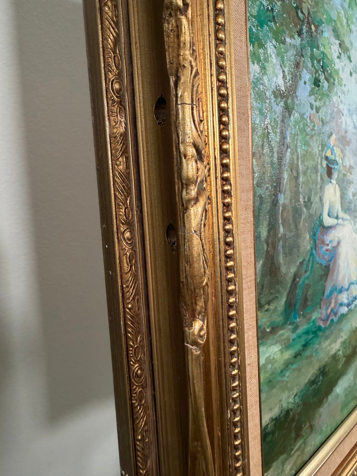 Lot 613: Polseno Oil on Canvas, Victorian Ladies by the Water, Ornate Gold Gilt Frame, 33 x 28 in