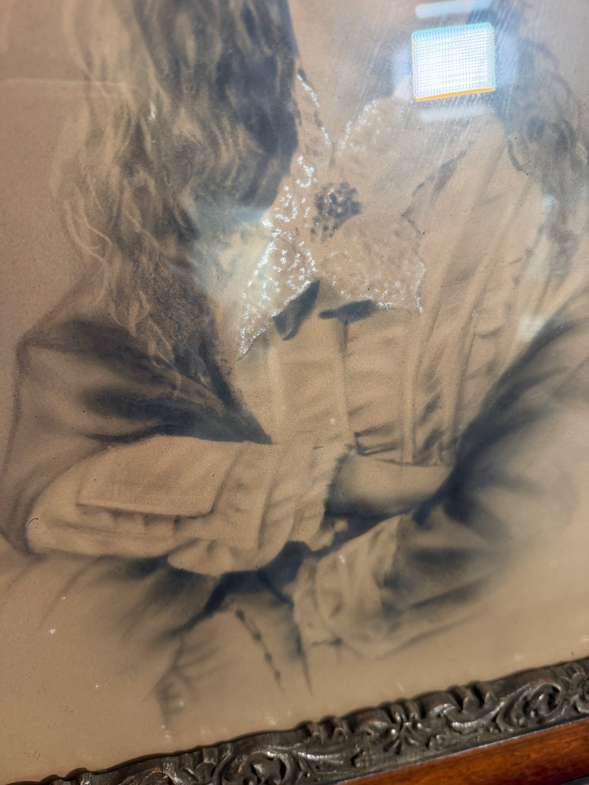Lot 660: Antique Victorian Charcoal Portrait of a Young Woman, Oak and Gesso Frame, 22 x 25 in