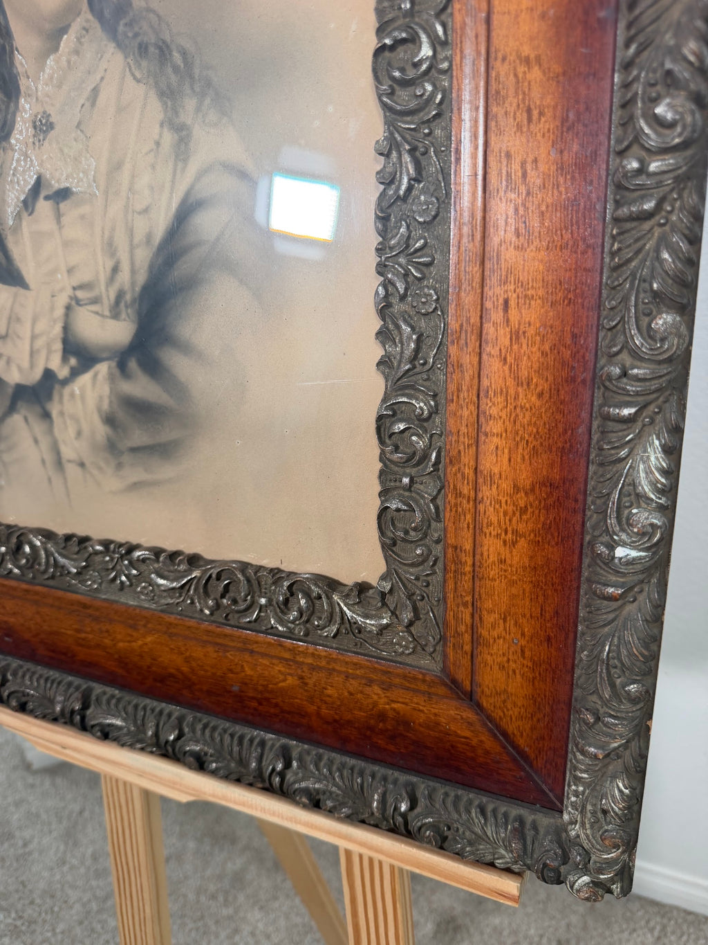 Lot 660: Antique Victorian Charcoal Portrait of a Young Woman, Oak and Gesso Frame, 22 x 25 in