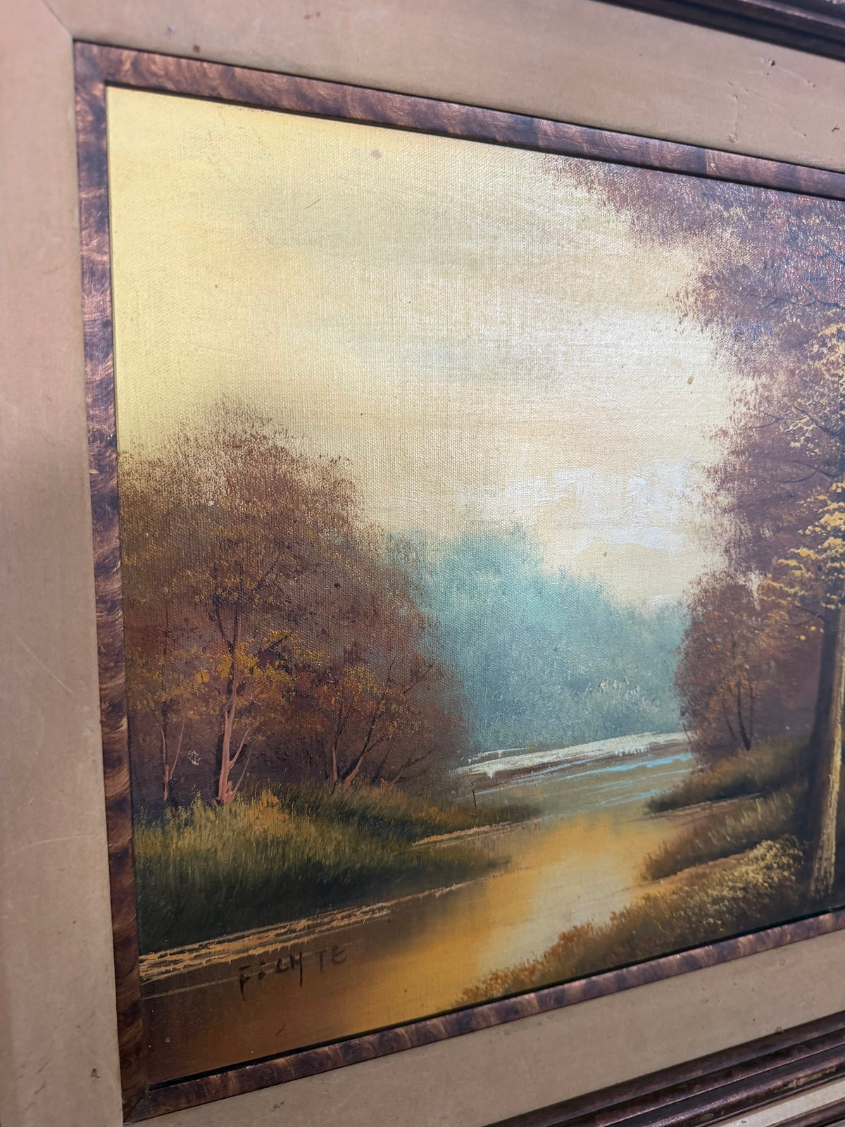 Lot 629: Original Autumn Landscape Oil Painting, Golden Woodland Stream, Signed Fochte, 31 x 27 in