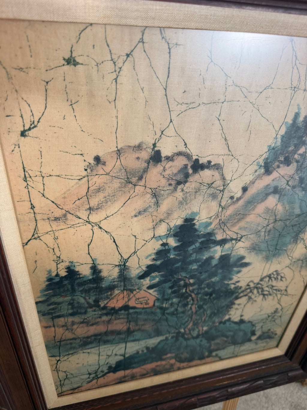 Lot 666: Chinese Batik Painting on Cloth, Mountain Landscape, Carved Wood Frame, 25 x 30 in