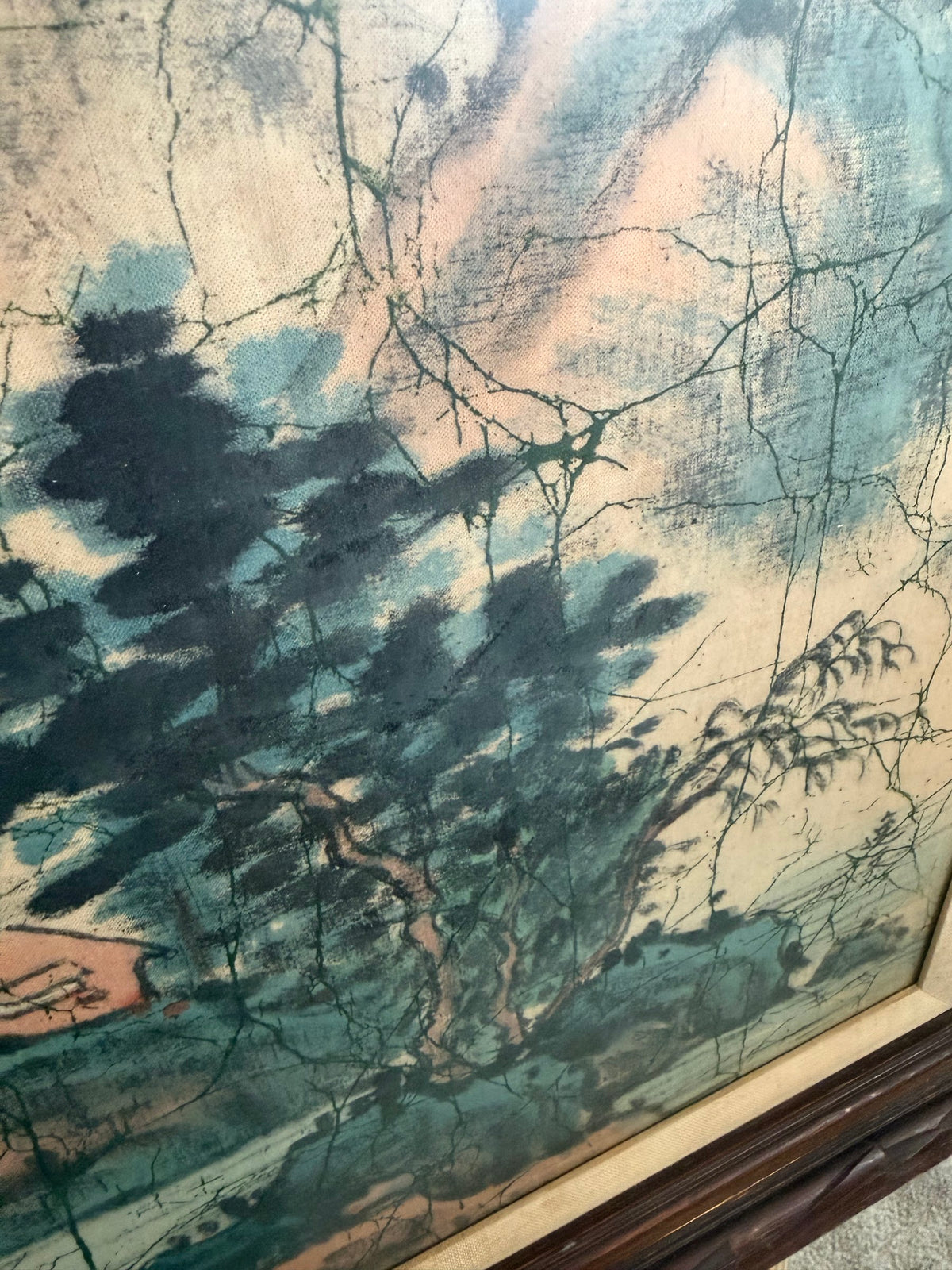 Lot 666: Chinese Batik Painting on Cloth, Mountain Landscape, Carved Wood Frame, 25 x 30 in