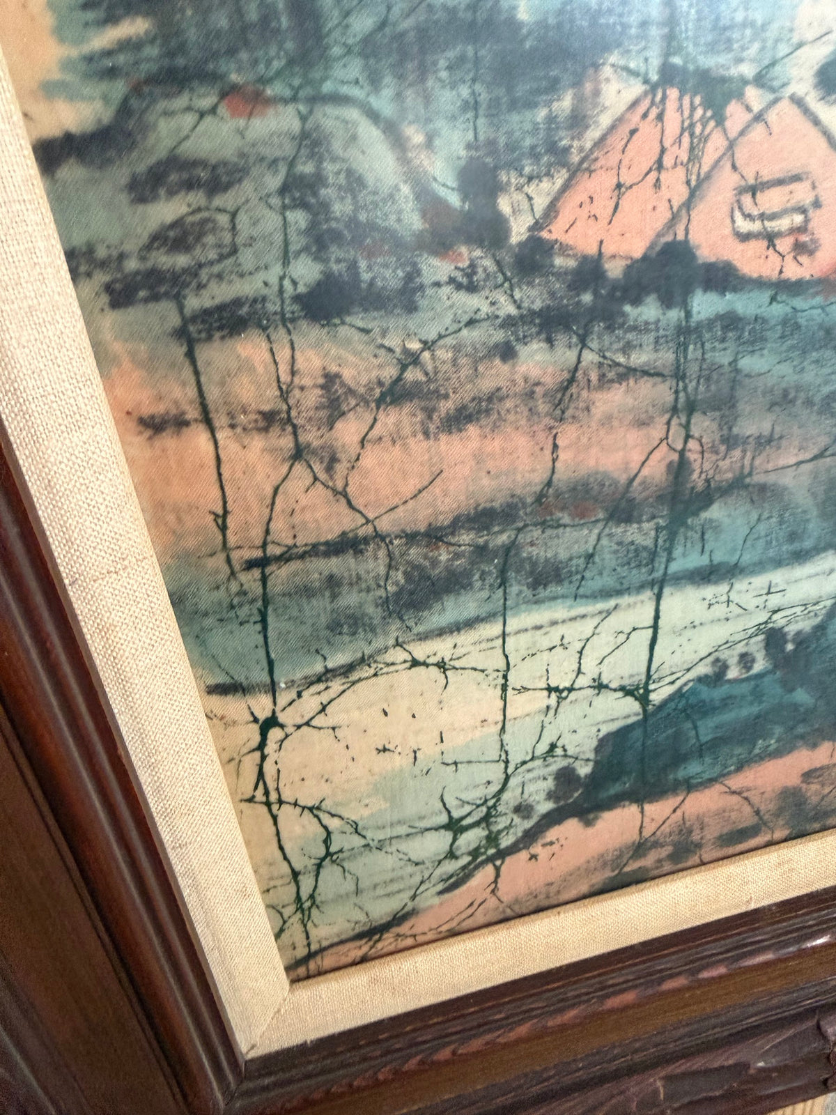 Lot 666: Chinese Batik Painting on Cloth, Mountain Landscape, Carved Wood Frame, 25 x 30 in