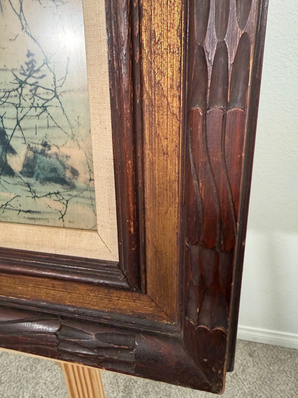 Lot 666: Chinese Batik Painting on Cloth, Mountain Landscape, Carved Wood Frame, 25 x 30 in