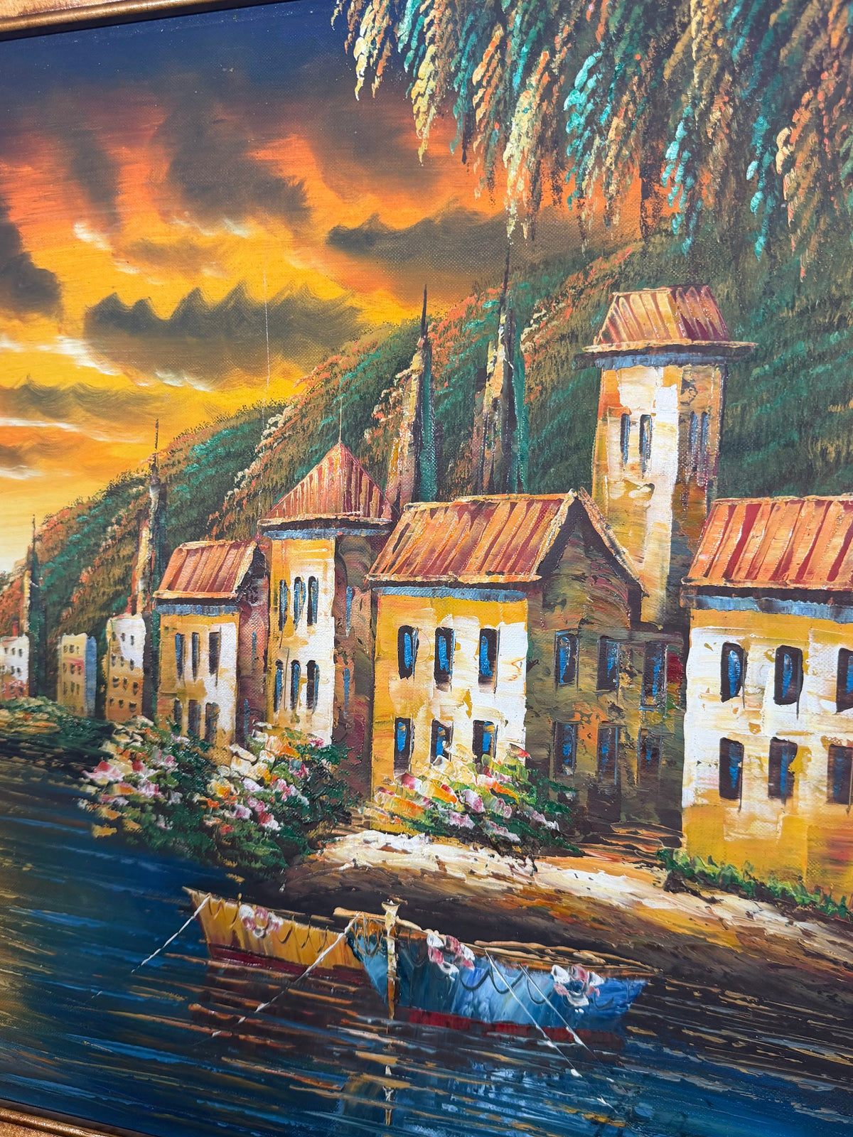 Lot 605: Vintage Oil Painting, Mediterranean Coastal Village at Sunset, Gold Frame, 29 x 25 in
