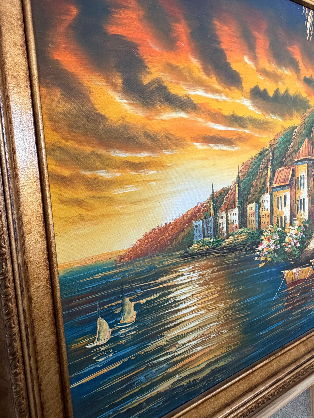 Lot 605: Vintage Oil Painting, Mediterranean Coastal Village at Sunset, Gold Frame, 29 x 25 in