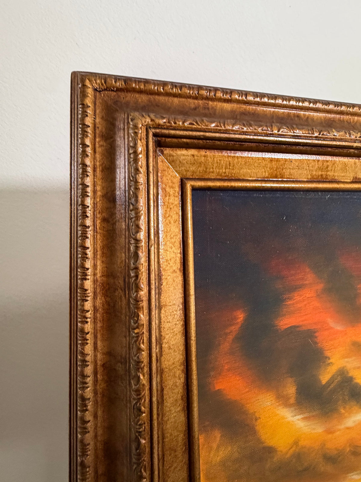 Lot 605: Vintage Oil Painting, Mediterranean Coastal Village at Sunset, Gold Frame, 29 x 25 in