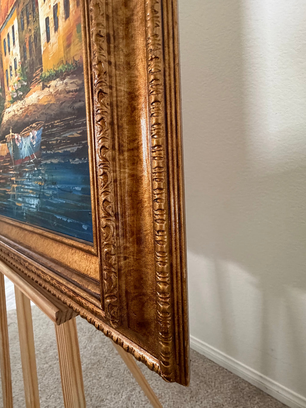 Lot 605: Vintage Oil Painting, Mediterranean Coastal Village at Sunset, Gold Frame, 29 x 25 in
