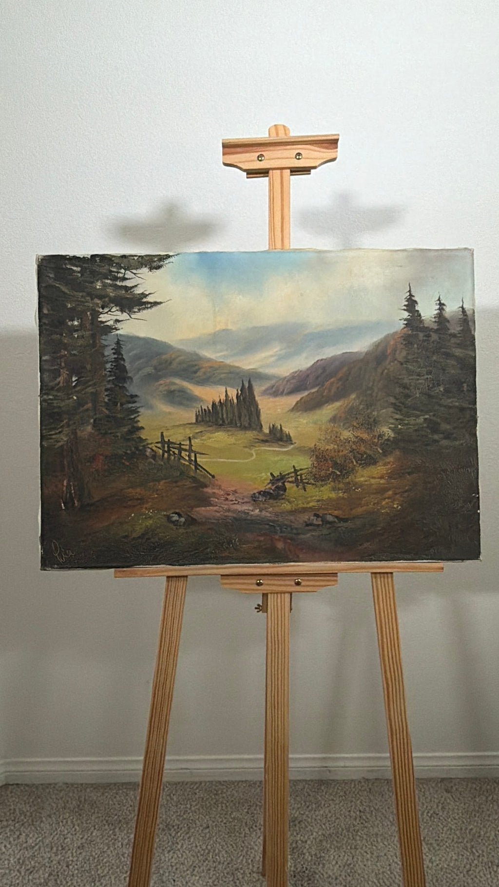 Lot 679: Original Oil Painting, Pastoral Valley with Cypress Trees and Rail Fence, Signed, 27.5 x 20 in