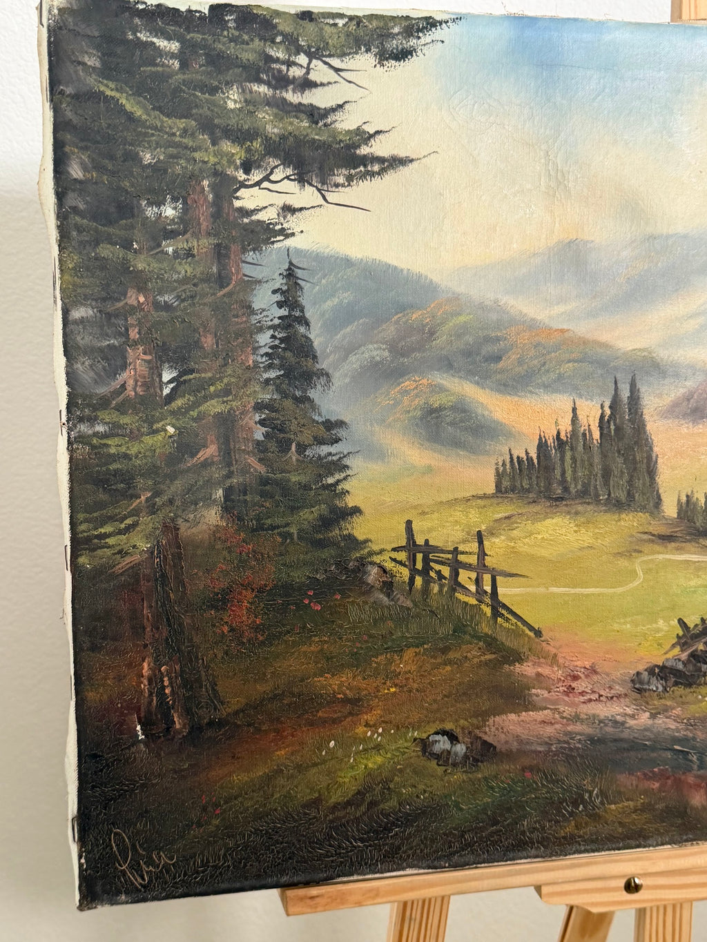 Lot 679: Original Oil Painting, Pastoral Valley with Cypress Trees and Rail Fence, Signed, 27.5 x 20 in