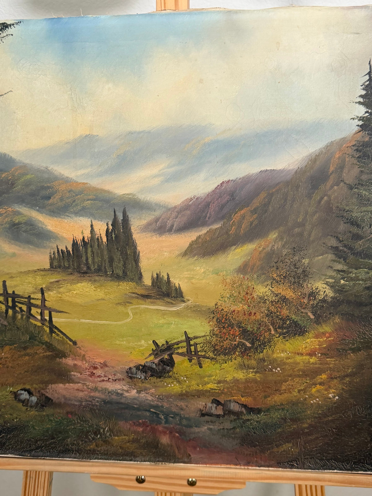 Lot 679: Original Oil Painting, Pastoral Valley with Cypress Trees and Rail Fence, Signed, 27.5 x 20 in