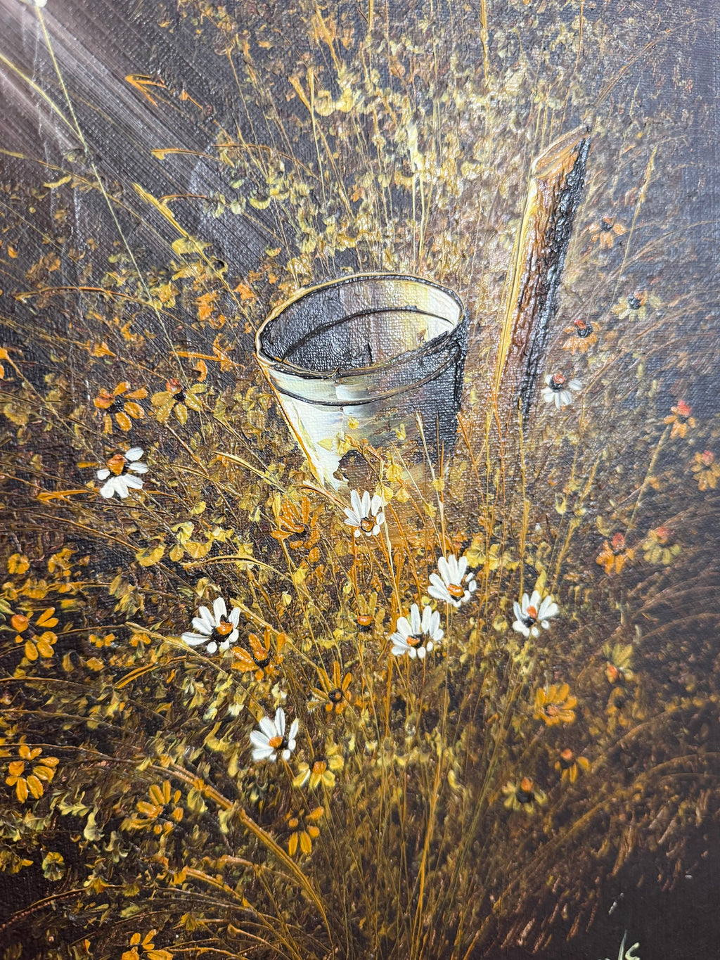 Lot 681: Desmons Oil Painting, Tin Pail in Golden Wildflowers, Signed, Wood Frame, 19 x 23 in
