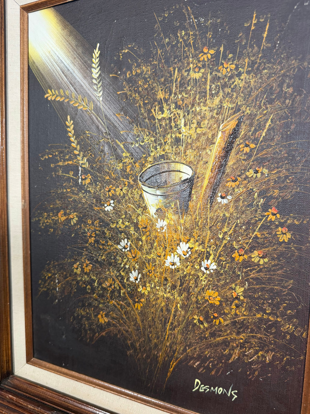 Lot 681: Desmons Oil Painting, Tin Pail in Golden Wildflowers, Signed, Wood Frame, 19 x 23 in