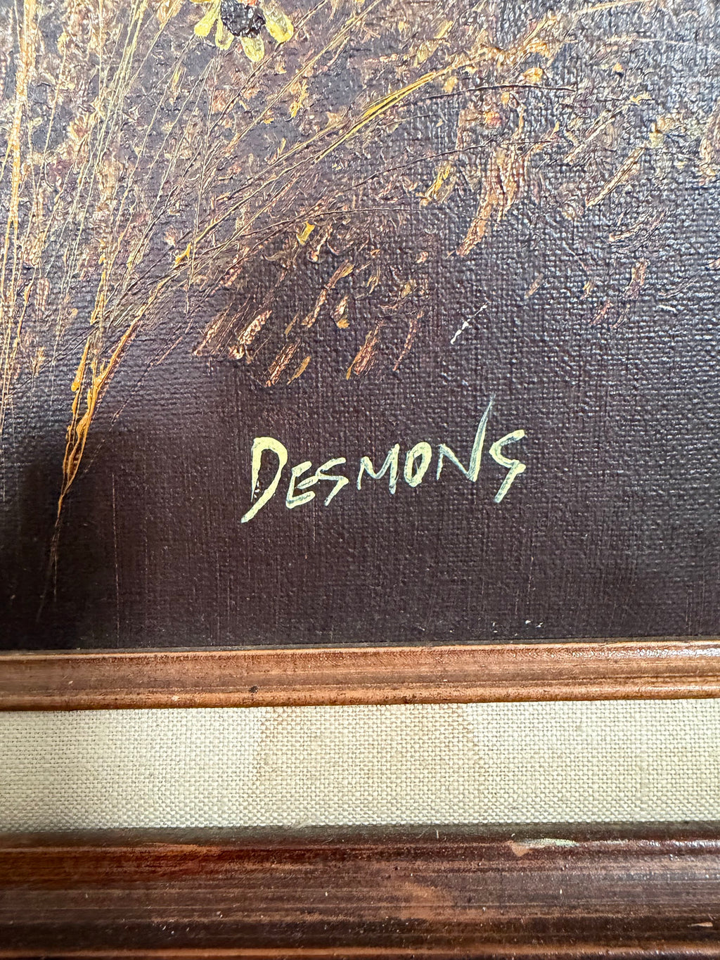 Lot 681: Desmons Oil Painting, Tin Pail in Golden Wildflowers, Signed, Wood Frame, 19 x 23 in