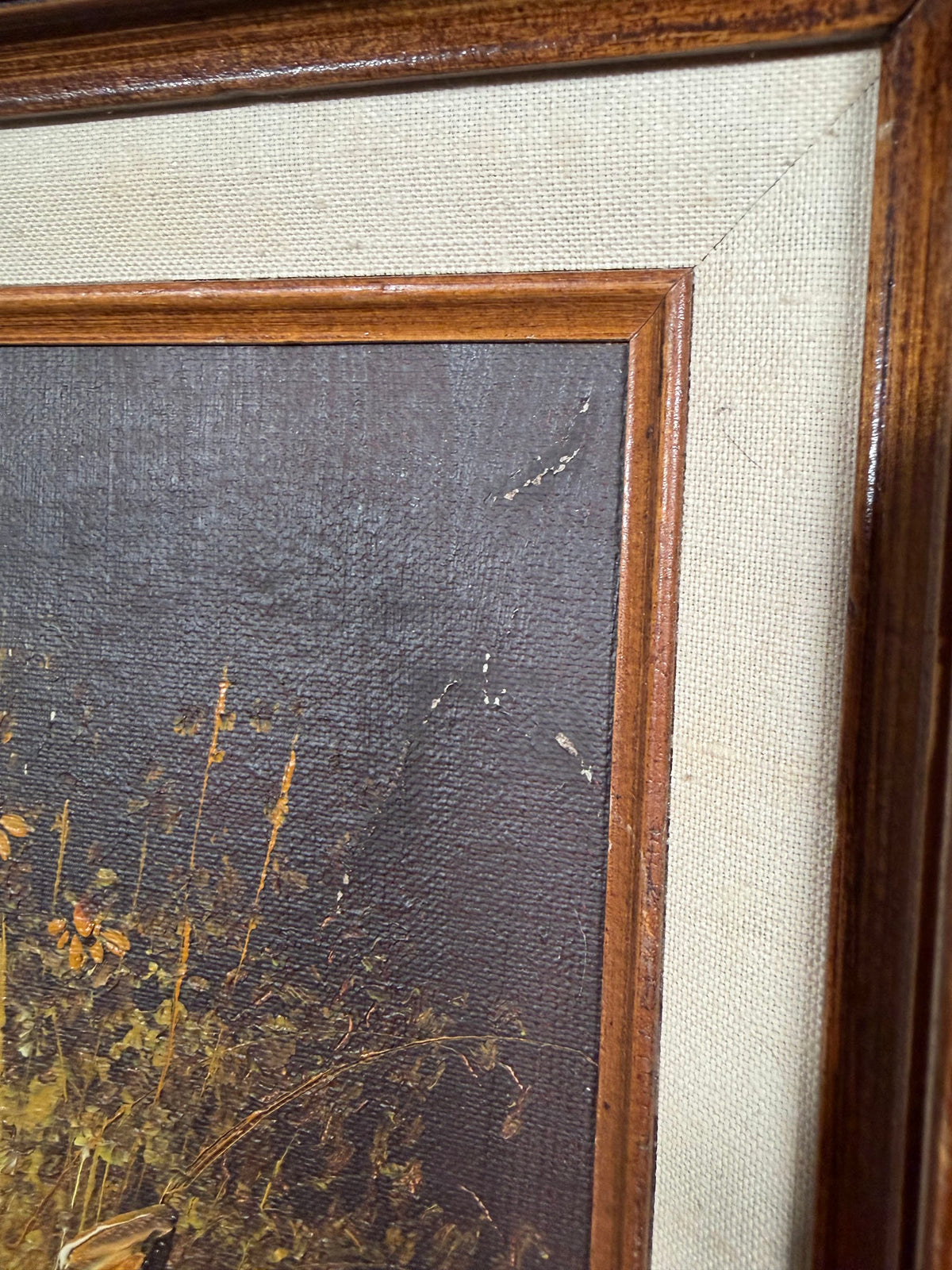 Lot 681: Desmons Oil Painting, Tin Pail in Golden Wildflowers, Signed, Wood Frame, 19 x 23 in