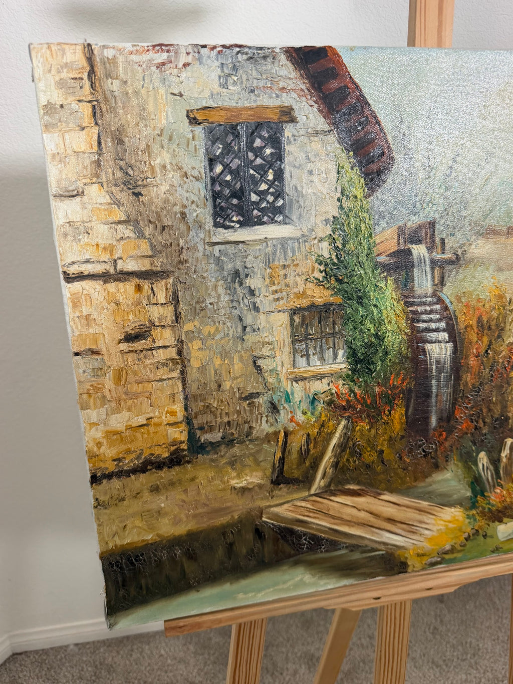 Lot 688: Old Water Mill Oil Painting, Stone Mill and Wheel, Signed Celina, Unframed, 24 x 20 in