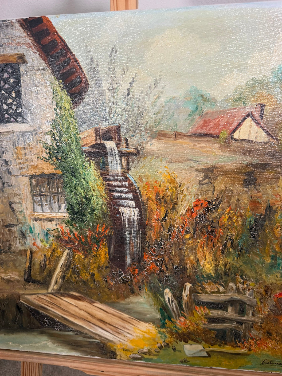 Lot 688: Old Water Mill Oil Painting, Stone Mill and Wheel, Signed Celina, Unframed, 24 x 20 in